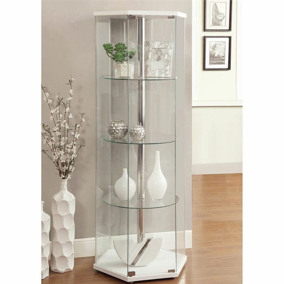 China Cabinets & Hutches * | Bowery Hill Glass Hexagonal Curio Cabinet In White And Chrome