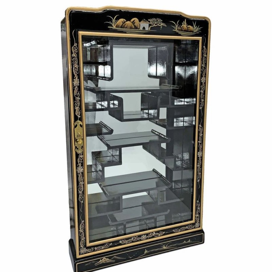 China Cabinets & Hutches * | Oriental Furnishings 33 H Black Lacquer Oriental Wall Curio For Netsuke Hand Painted Landscape