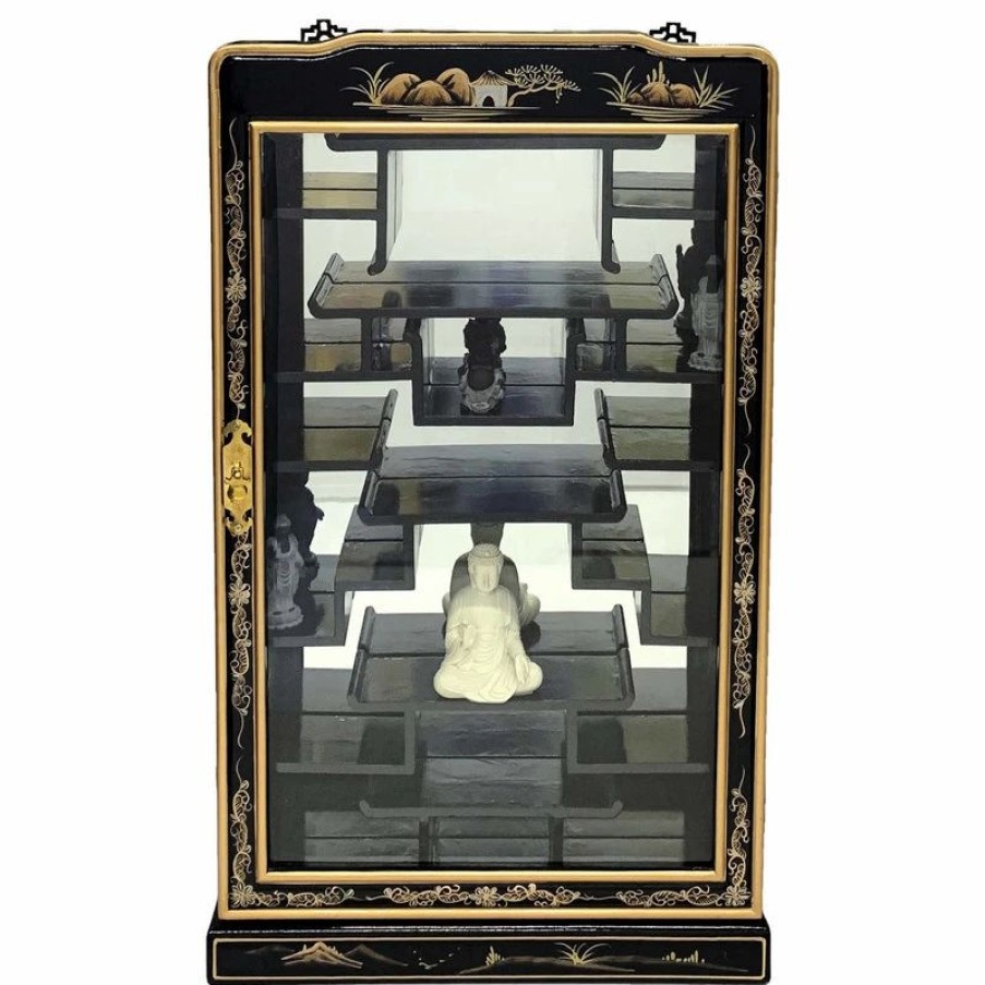 China Cabinets & Hutches * | Oriental Furnishings 33 H Black Lacquer Oriental Wall Curio For Netsuke Hand Painted Landscape