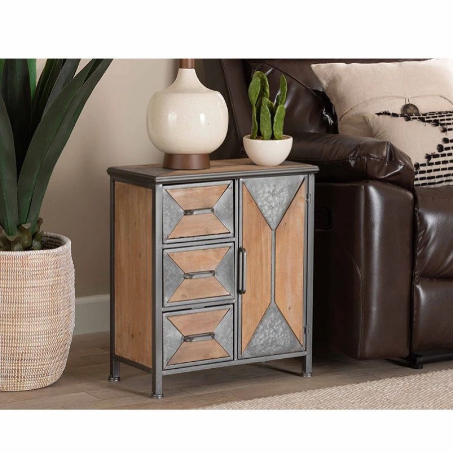 Accent Chests & Cabinets * | Baxton Studio Rossamon Modern Farmhouse Metal And Wood 3-Drawer Accent Cabinet