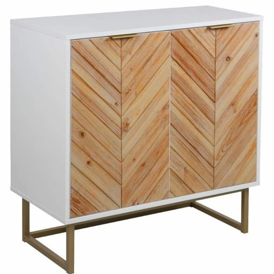 Accent Chests & Cabinets * | Decorn Modern Storage Cabinet, Doors With Herringbone Pattern & Inner Shelf, White/Gold