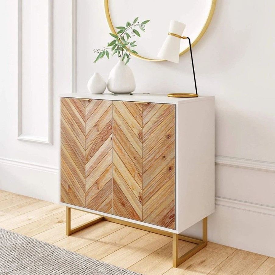 Accent Chests & Cabinets * | Decorn Modern Storage Cabinet, Doors With Herringbone Pattern & Inner Shelf, White/Gold