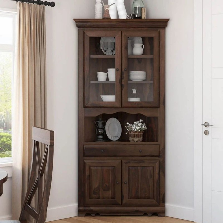 China Cabinets & Hutches * | Sierra Living Concepts Inc Tiverton Rustic Solid Wood Glass Door Dining Corner Hutch