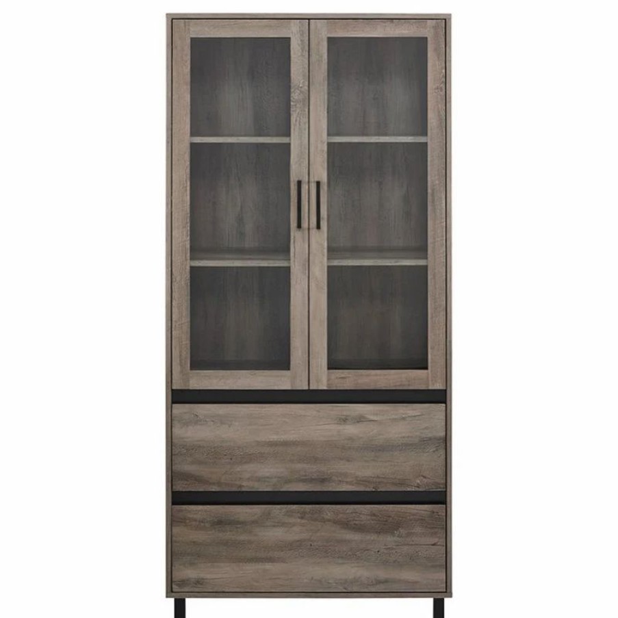 China Cabinets & Hutches * | Pemberly Row 68 Glass Door Storage Hutch With Adjustable Shelves In Gray Wash