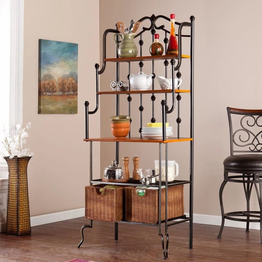 Shelving * | Decor Love Mediterranean Bakers Rack, 2 Open Shelves And 2 Rattan Storage Baskets, Walnut