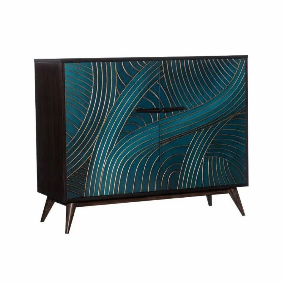 Buffets & Sideboards * | Homary Modern 40 Peacock Blue Pine Wood Buffet Sideboard With 2 Doors