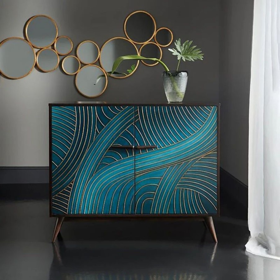 Buffets & Sideboards * | Homary Modern 40 Peacock Blue Pine Wood Buffet Sideboard With 2 Doors