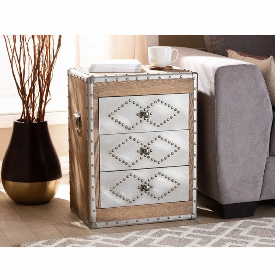 Accent Chests & Cabinets * | Wholesale Interiors Audric French Industrial Brown Wood And Silver Metal 3-Drawer Storage Cabinet