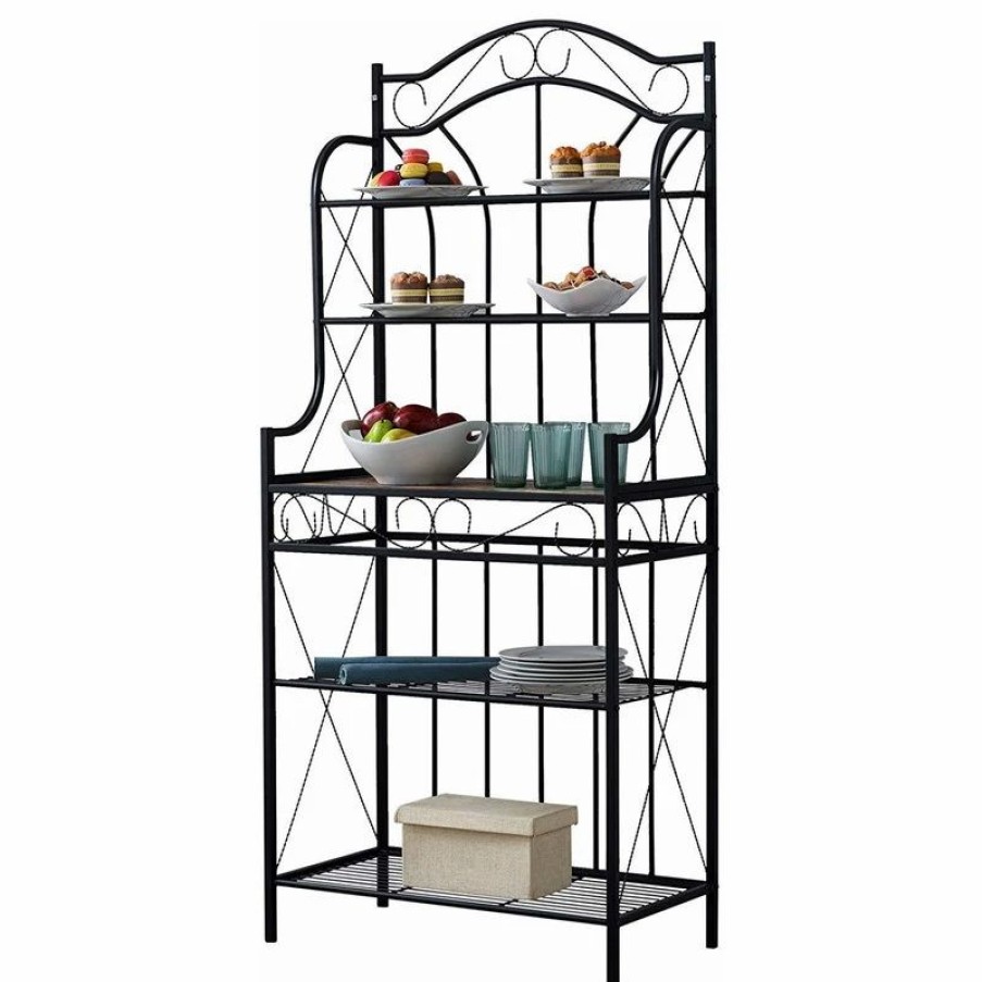 Shelving * | Pilaster Designs Leroy Black Metal And Walnut Wood 5-Tier Baker'S Rack