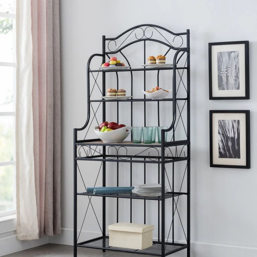 Shelving * | Pilaster Designs Leroy Black Metal And Walnut Wood 5-Tier Baker'S Rack