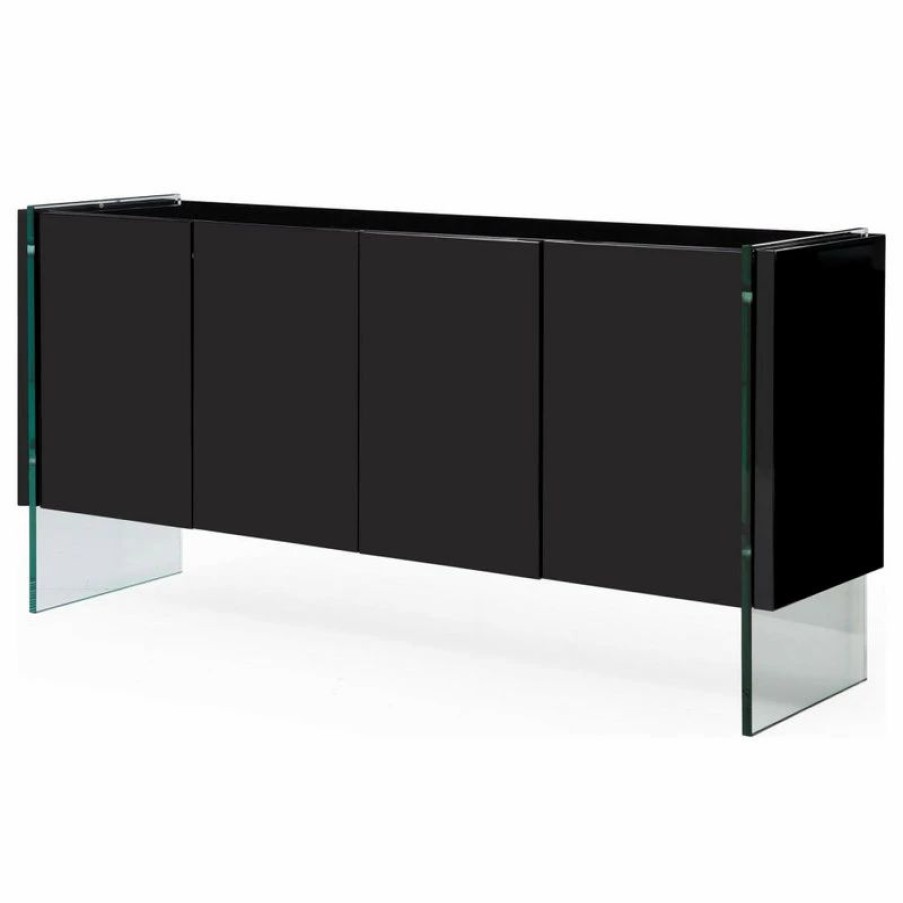 Buffets & Sideboards * | Zuri Furniture Modern Art Buffet Black Lacquer Cabinets Tempered Glass Base