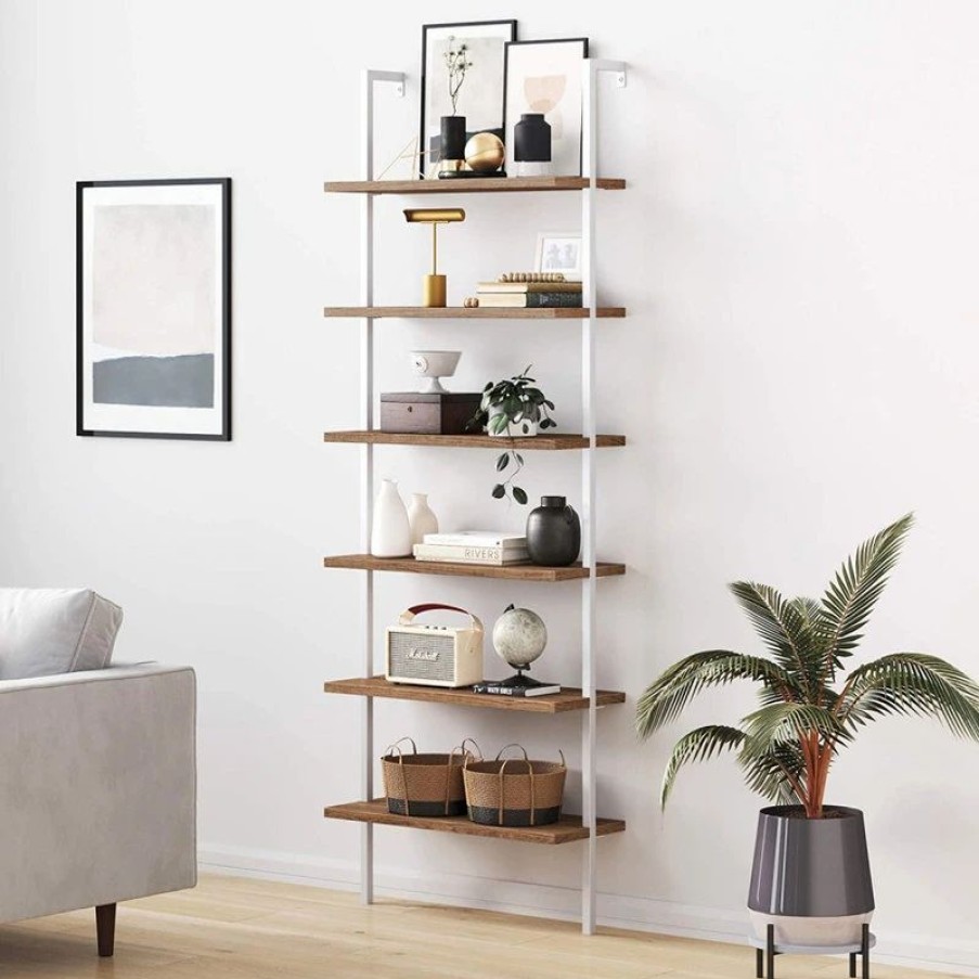 Shelving * | Decor Love Modern Industrial Wall Bookcase, Metal Frame & 6 Shelves, Rustic Oak/White