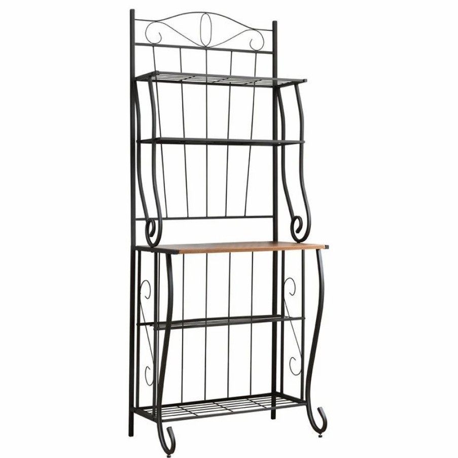 Shelving * | Pilaster Designs Onyeka 5-Tier Free Standing Kitchen Storage Bakers Rack, Black/Walnut