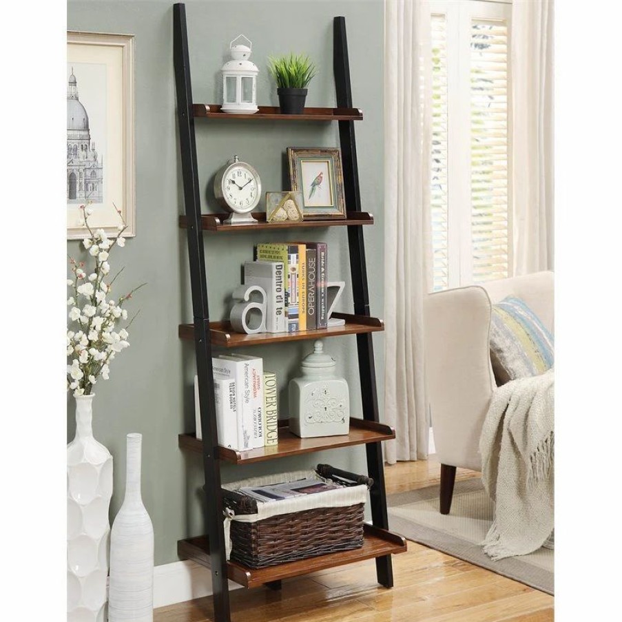 Shelving * | Convenience Concepts French Country Bookshelf Ladder In Dark Brown Walnut Wood