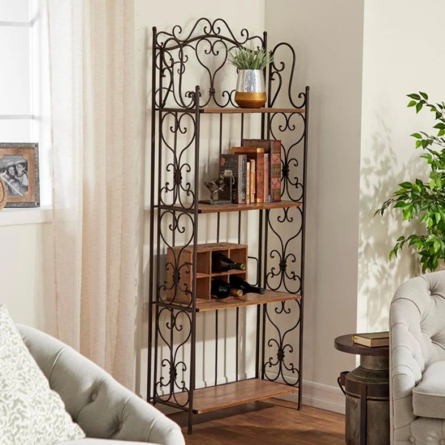 Shelving * | Zimlay Eclectic 4-Tiered Iron And Wood Scrolled Bakers Rack 69872