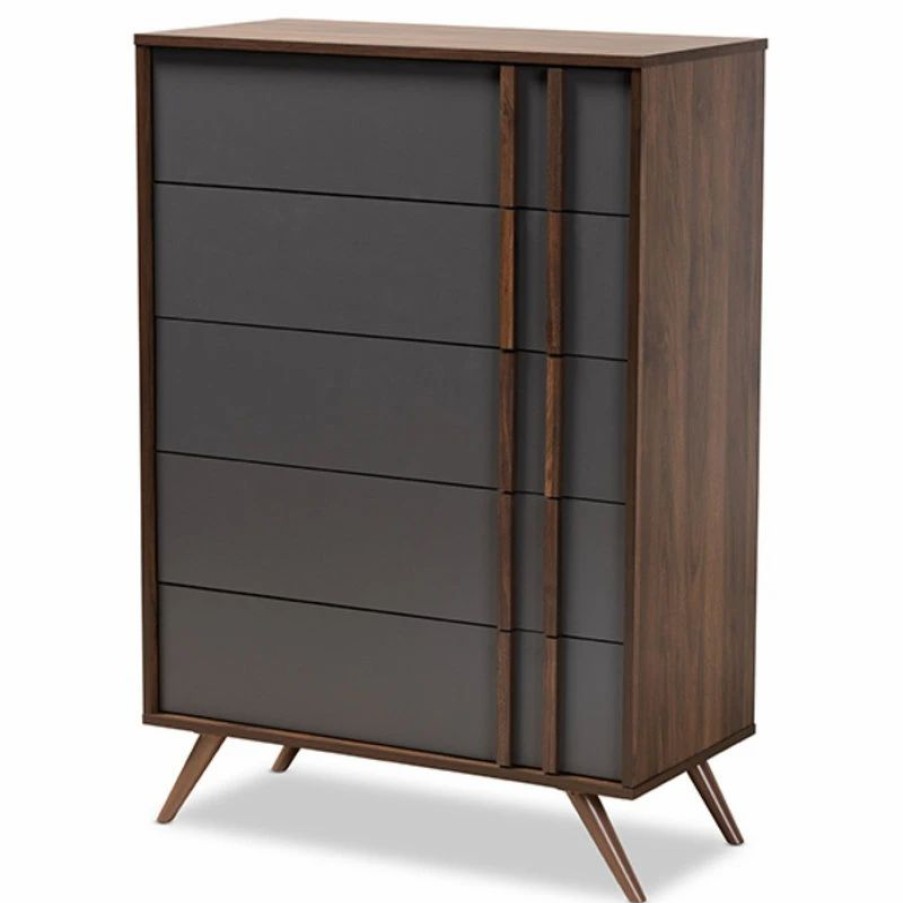 Accent Chests & Cabinets * | Baxton Studio Naoki Modern Two, Tone Gray Walnut Finished Wood 5, Drawer Bedroom Chest