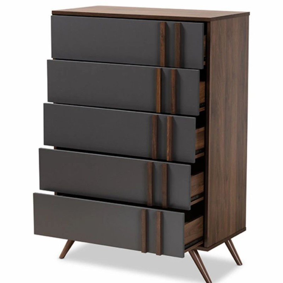 Accent Chests & Cabinets * | Baxton Studio Naoki Modern Two, Tone Gray Walnut Finished Wood 5, Drawer Bedroom Chest