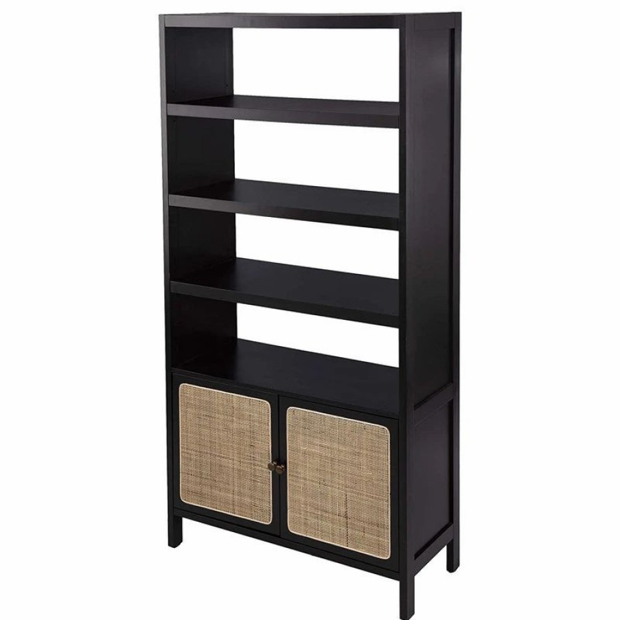 Shelving * | Decorn Multifunctional Bookcase, 4 Open Shelves And Cabinet With Rattan Doors, Black