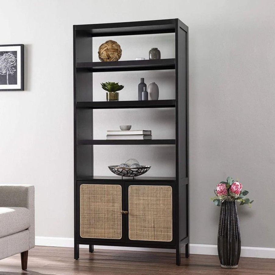 Shelving * | Decorn Multifunctional Bookcase, 4 Open Shelves And Cabinet With Rattan Doors, Black