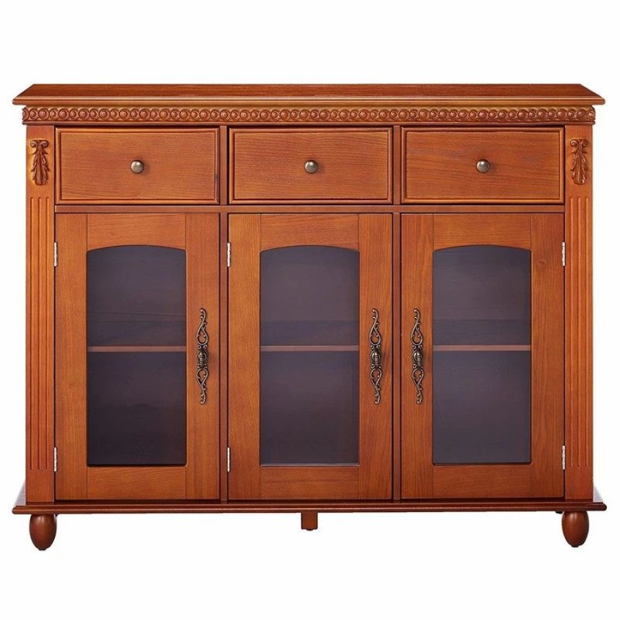 Buffets & Sideboards * | Pilaster Designs Shona Wood Buffet Table With Glass Doors, Walnut