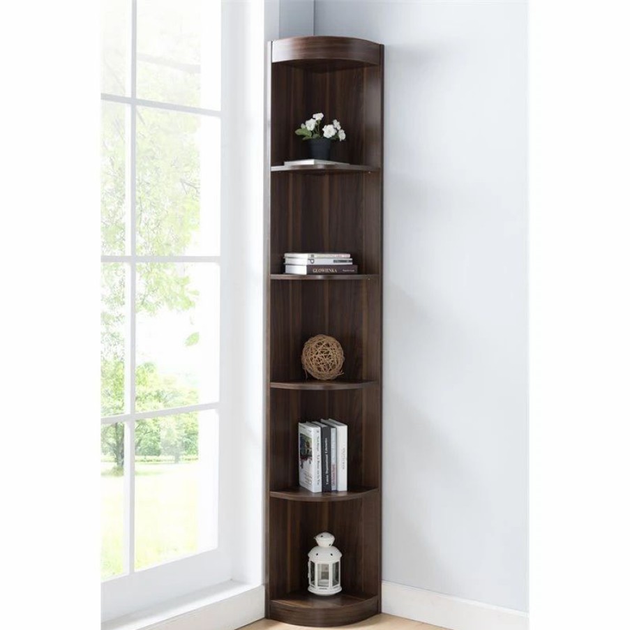 Shelving * | Furniture Of America E-Commerce By Enitial Lab Furniture Of America Maleena Wood 5-Shelf Corner Bookcase In Dark Walnut