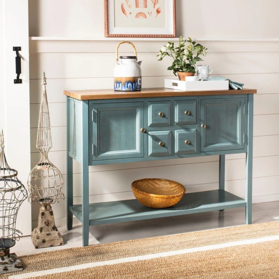 Buffets & Sideboards * | Safavieh Charlotte Storage Sideboard, Barn Blue/Oak