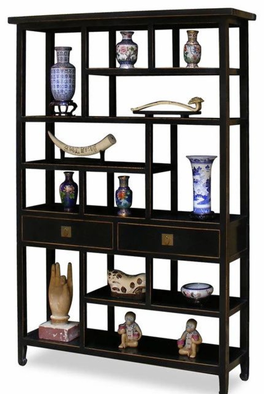 China Cabinets & Hutches * | China Furniture And Arts Distressed Black Elmwood Asian Curio Display Bookshelf