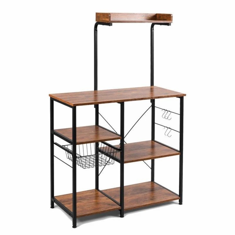 Shelving * | Costway 4-Tier Mdf Vintage Kitchen Baker'S Rack With Basket & 5 Hooks In Coffee