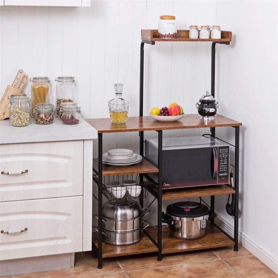 Shelving * | Costway 4-Tier Mdf Vintage Kitchen Baker'S Rack With Basket & 5 Hooks In Coffee