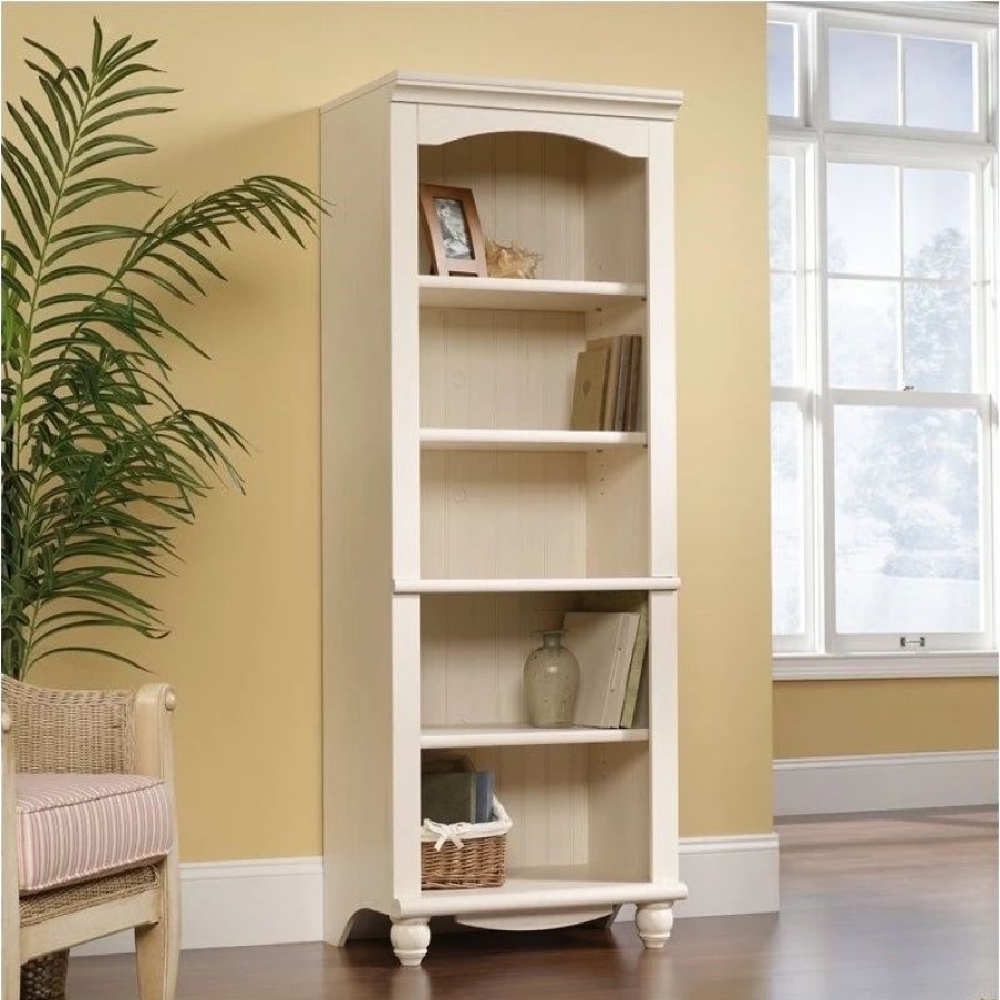 Shelving * | Sauder Harbor View Library 5 Shelf Bookcase In Antiqued White