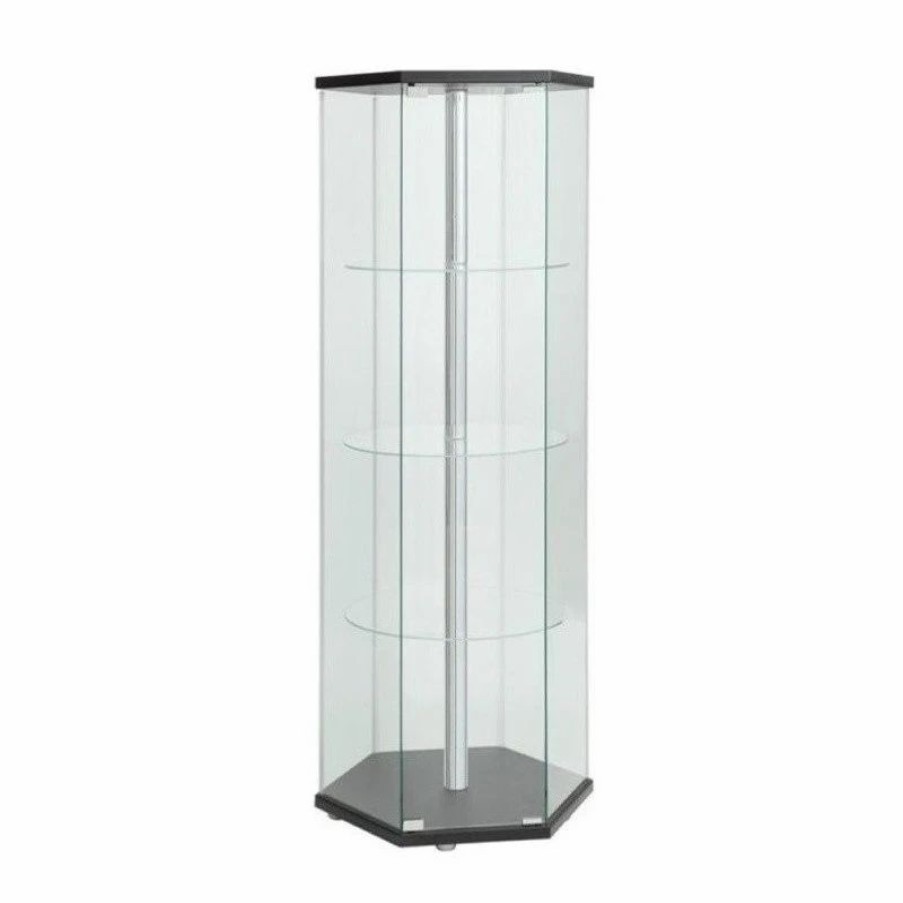 China Cabinets & Hutches * | Bowery Hill Contemporary Wood Glass Hexagonal Curio Cabinet In Black And Chrome