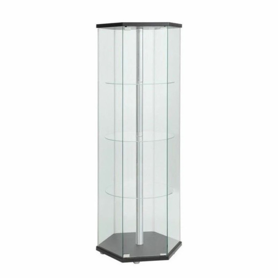 China Cabinets & Hutches * | Bowery Hill Contemporary Wood Glass Hexagonal Curio Cabinet In Black And Chrome