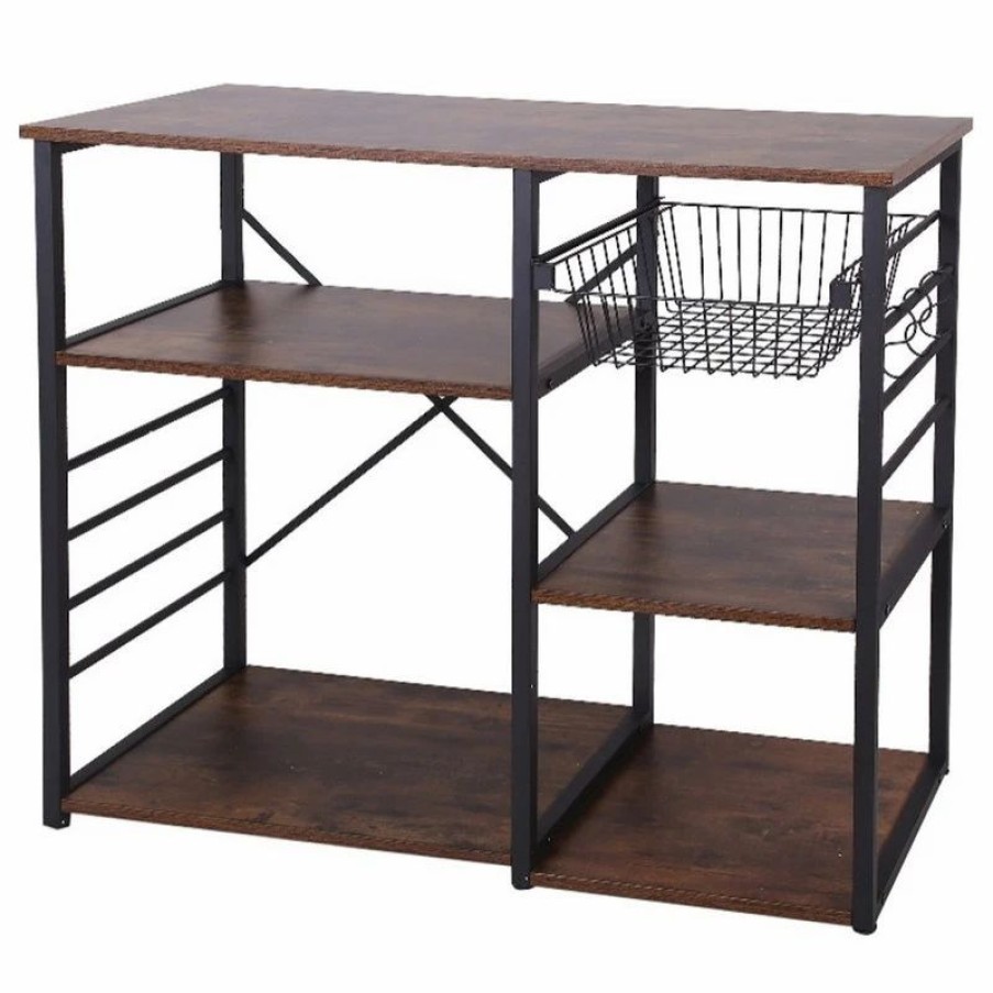 Shelving * | Benjara Wood And Metal Bakers Rack With 4 Shelves And Wire Basket, Brown And Black