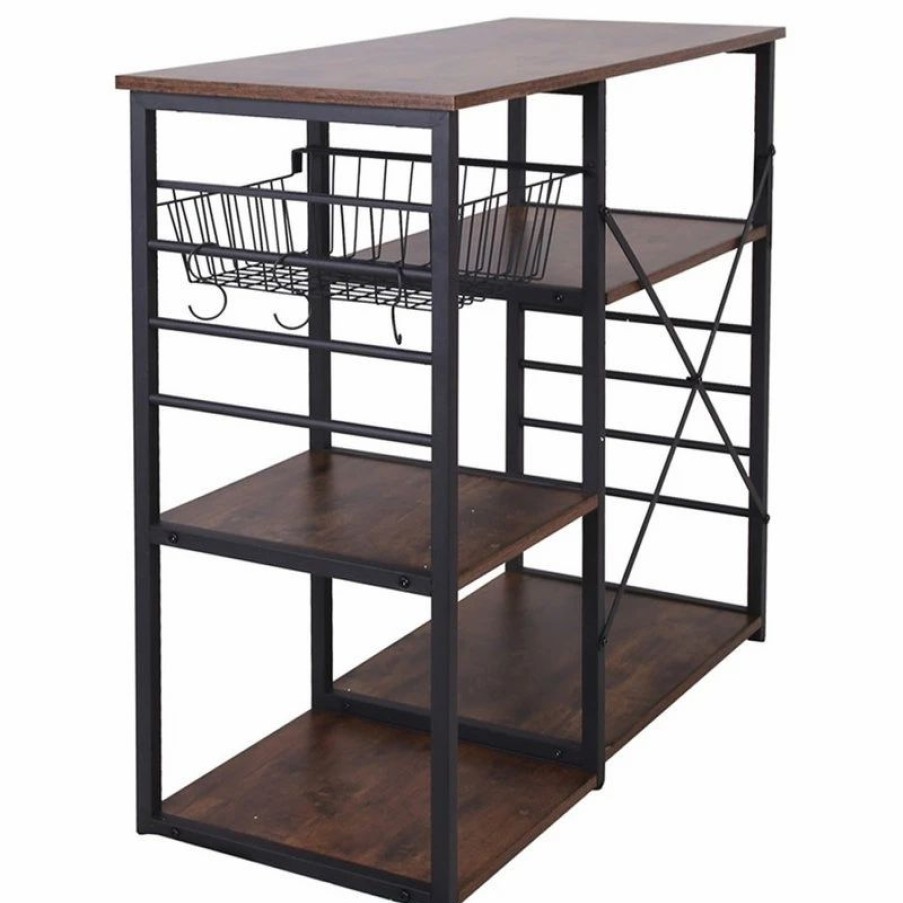 Shelving * | Benjara Wood And Metal Bakers Rack With 4 Shelves And Wire Basket, Brown And Black