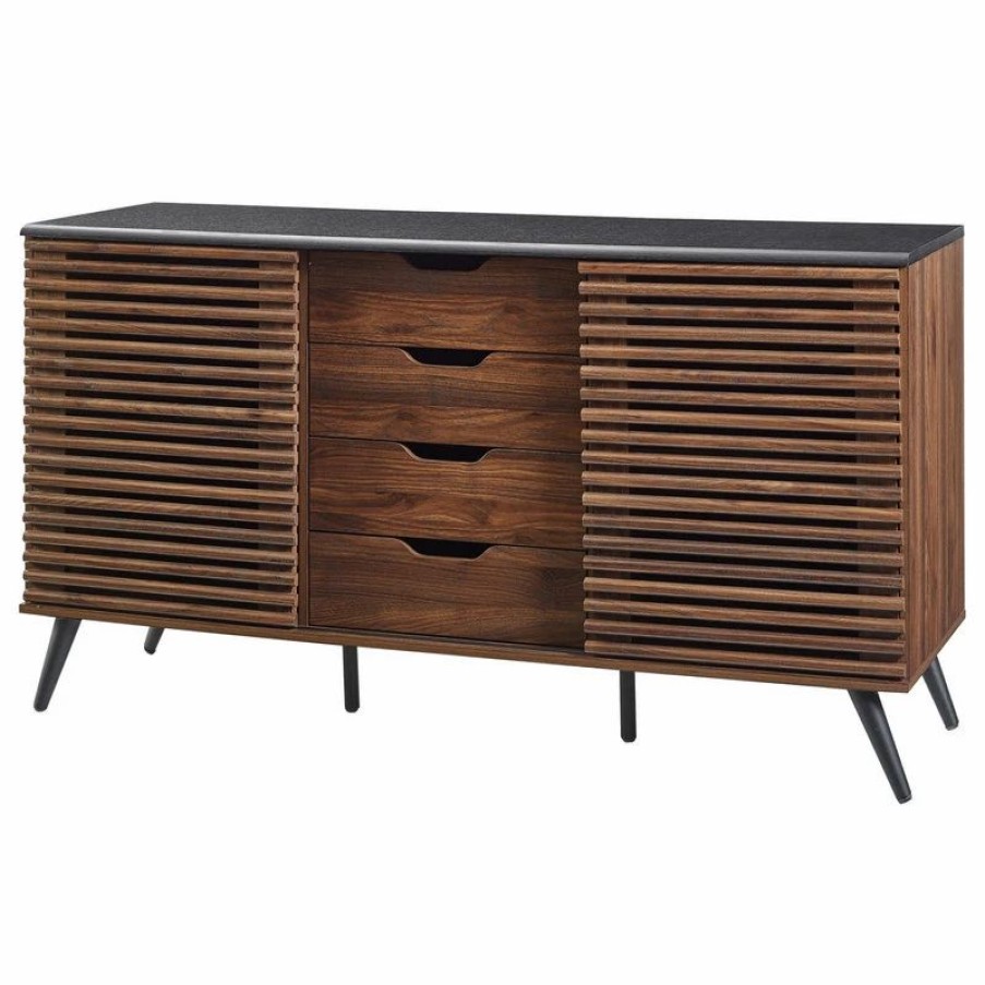 Buffets & Sideboards * | Walker Edison 59 Havana Sliding Slat Door 4 Drawer Sideboard, Ebony/Dark Walnut