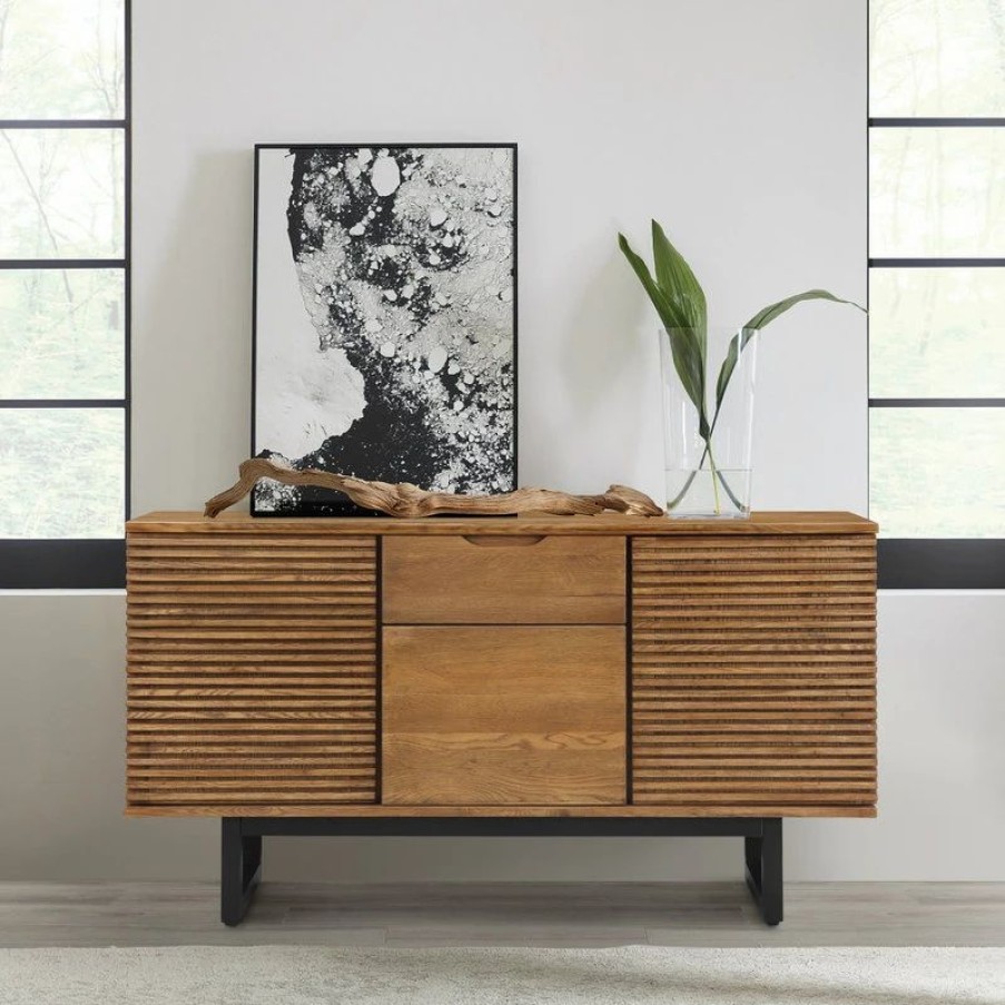 Buffets & Sideboards * | Armen Living Aldo Brown Oak Sideboard Buffet Cabinet, Brown Oak Wood With Black Metal Legs