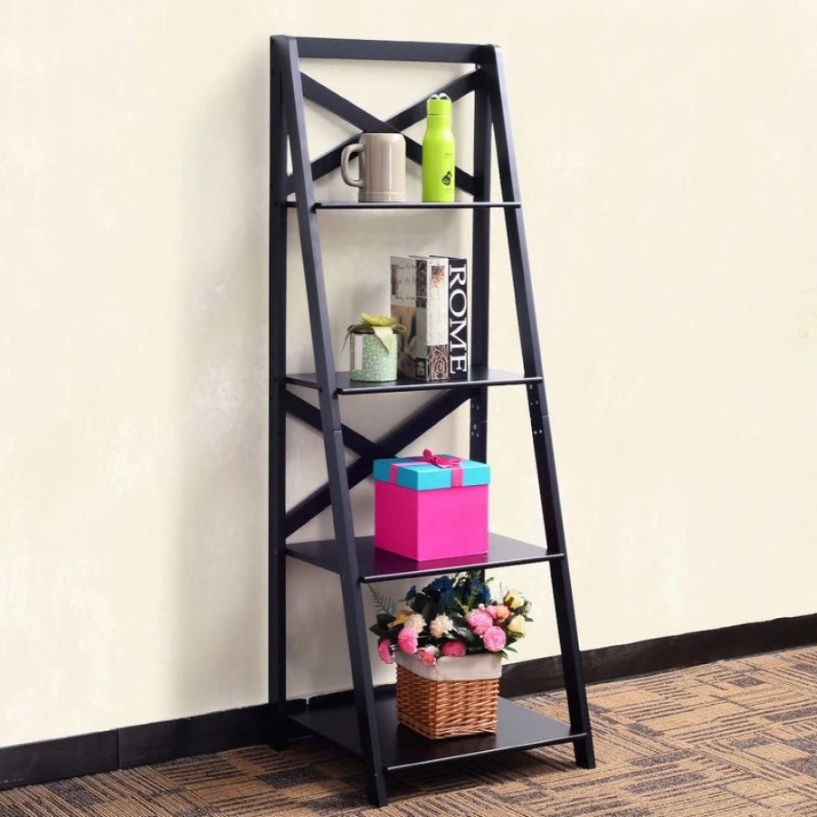 Shelving * | Costway 4-Tier Ladder Shelf Bookshelf Bookcase Storage Display Leaning Home