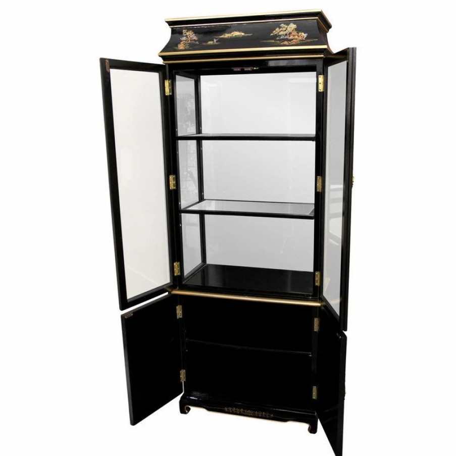 China Cabinets & Hutches * | Oriental Furniture Ming Pagoda Top Curio Cabinet With Hand Painted Oriental Landscape