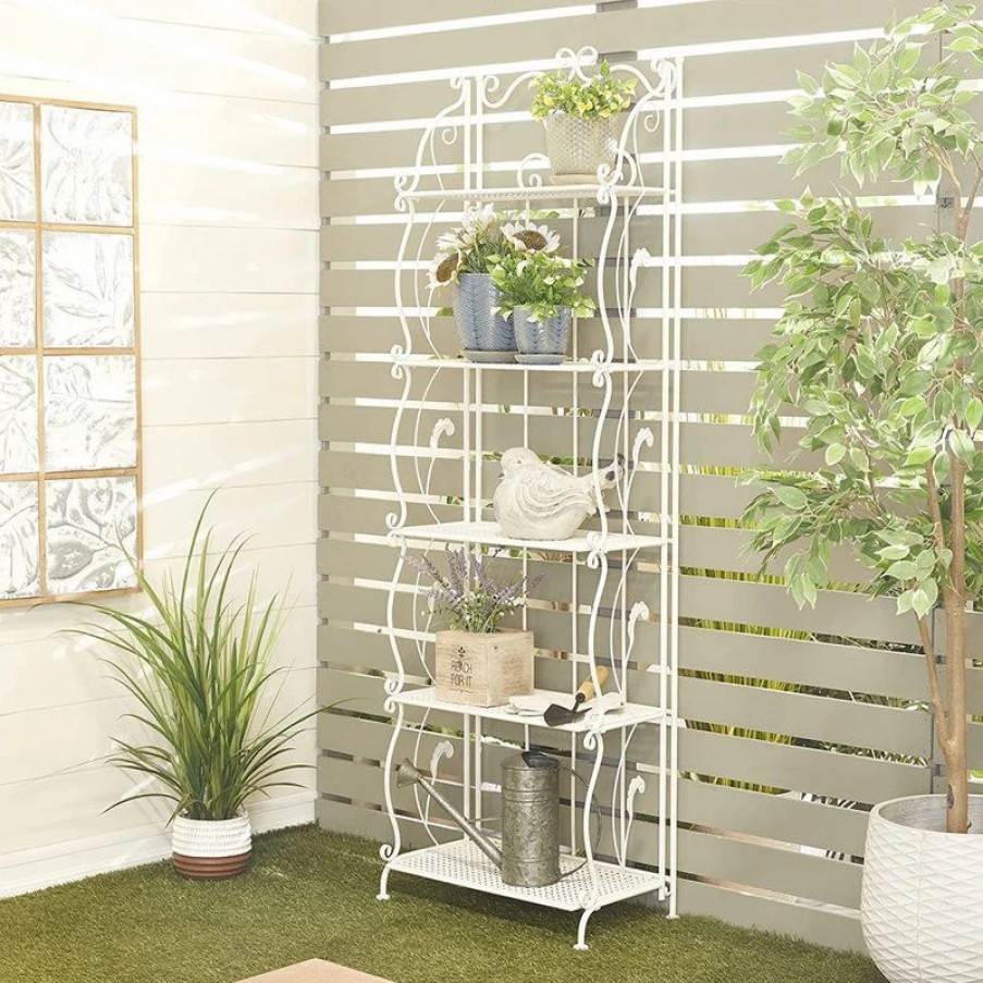 Shelving * | Decor Love French Country Bakers Rack, Metal Construction With 5 Tiers, Bleached White