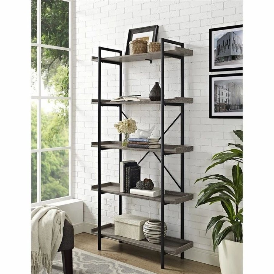 Shelving * | Pemberly Row 5 Shelf Bookcase In Driftwood