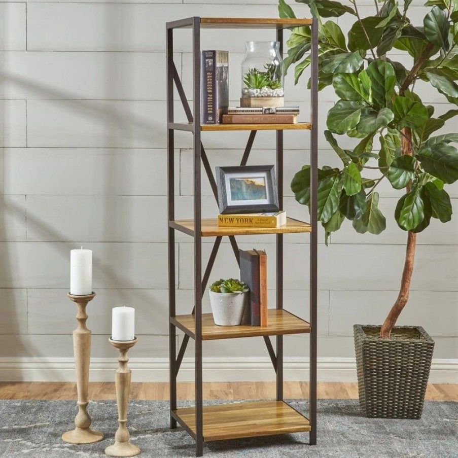 Shelving * | Gdfstudio Relee Modern Industrial 4 Shelf Acacia Wood Slim Bookcase