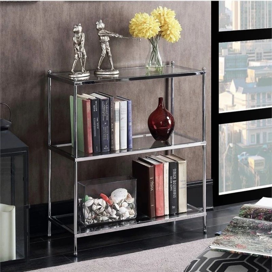 Shelving * | Convenience Concepts Royal Crest Three-Tier Bookcase In Clear Glass And Chrome