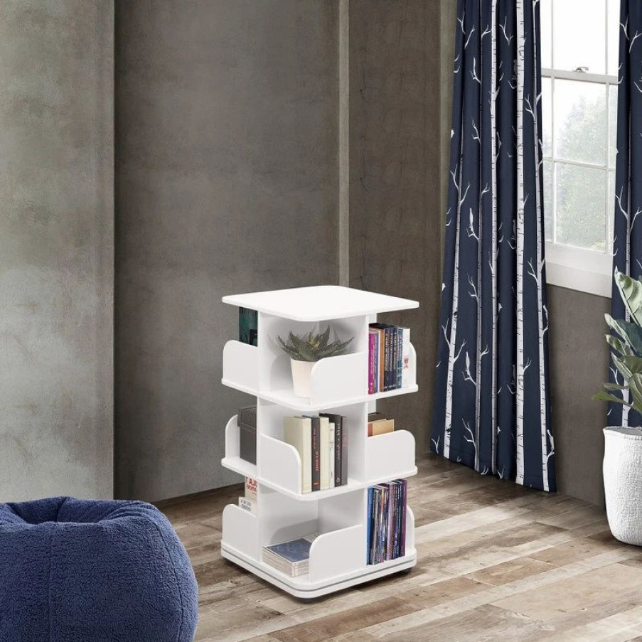 Shelving * | Pilaster Designs Oneonta Revolving Bookcase Tower Display Unit, Wood, White, 3 Tier