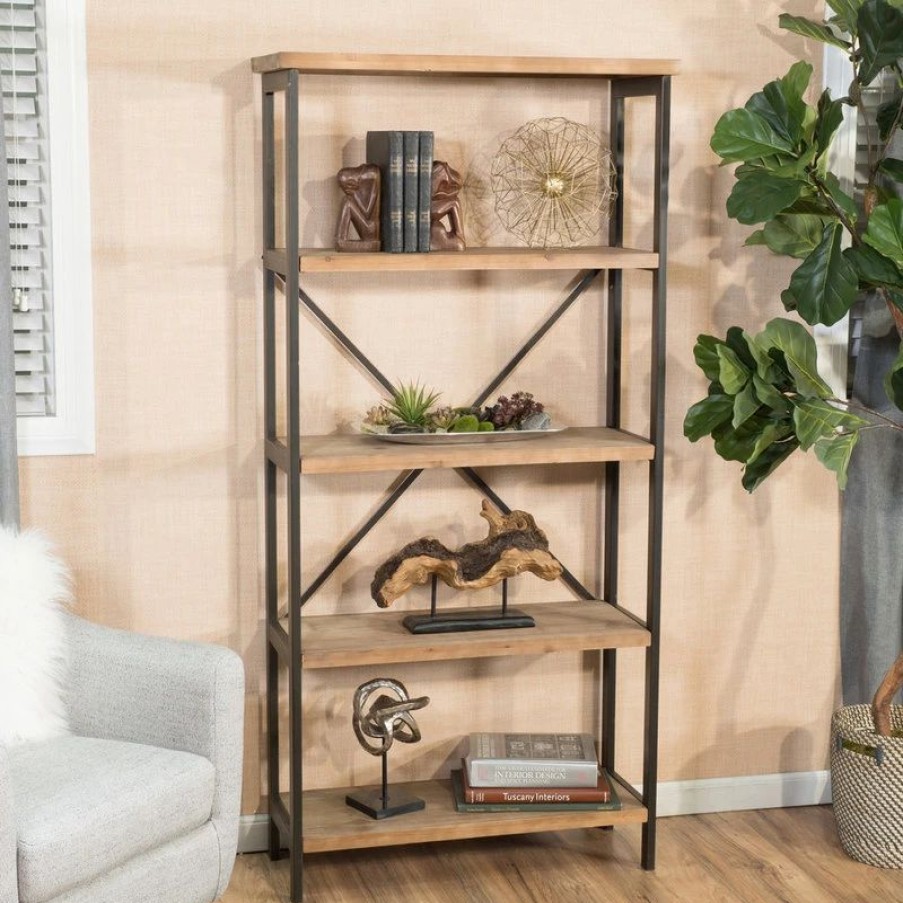 Shelving * | Gdfstudio Warner 4 Shelf Firwood Display Bookcase, Antique Brown And Brushed Black Rust