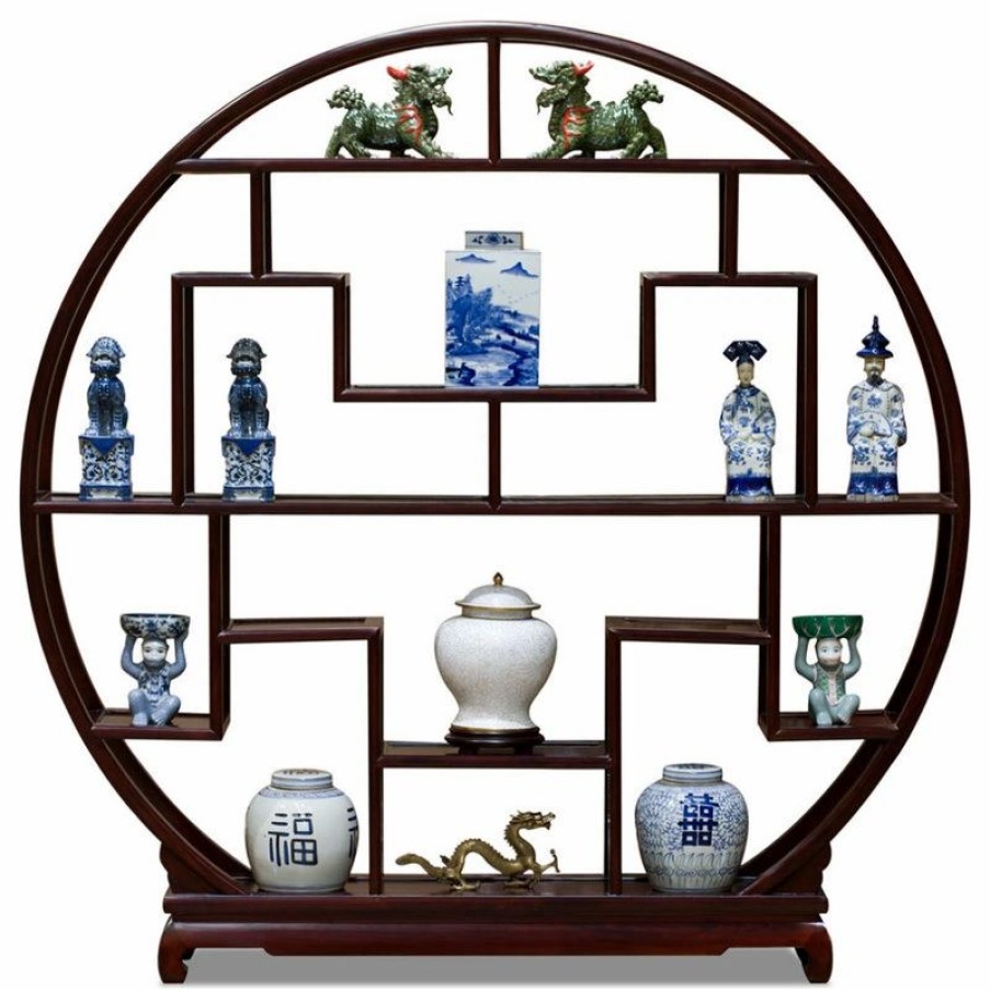 China Cabinets & Hutches * | China Furniture And Arts Dark Cherry Grand Elmwood Asian Moon Curio Stand