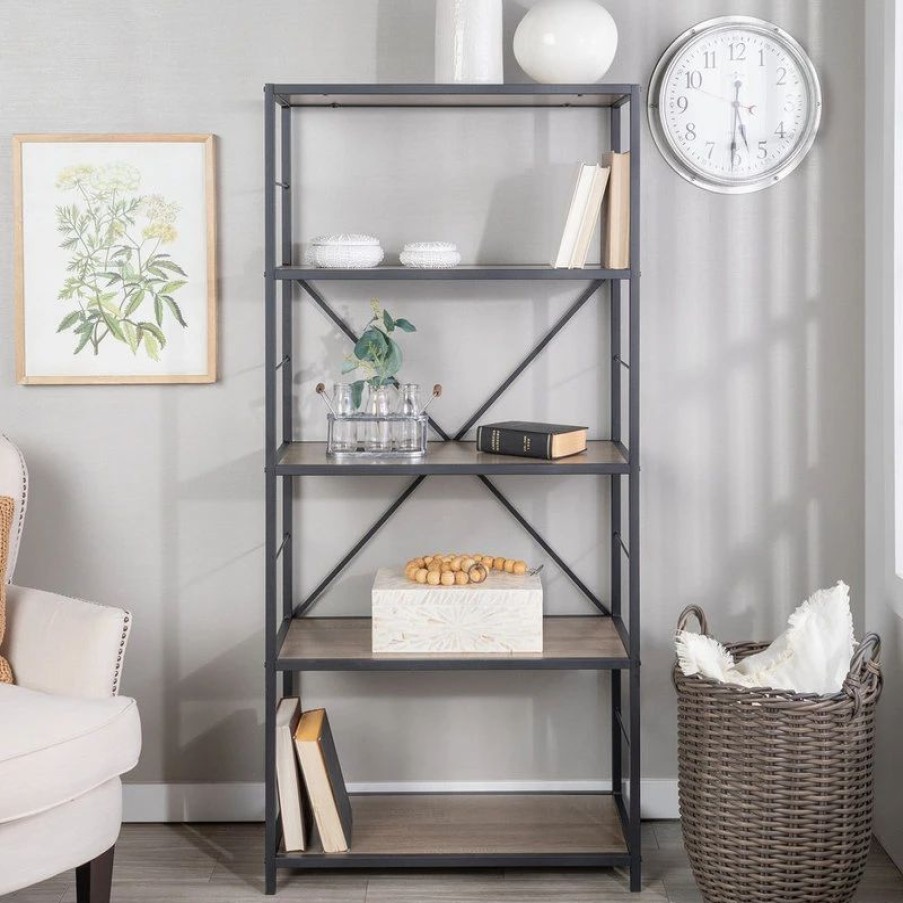 Shelving * | Walker Edison 60 Rustic Metal And Wood Media Bookshelf, Driftwood