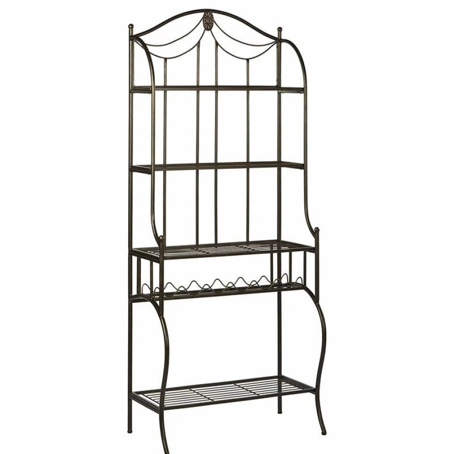 Shelving * | Decor Love Classic Baker Rack, Black Metal Frame With Golden Accents And 6 Bottles Rack