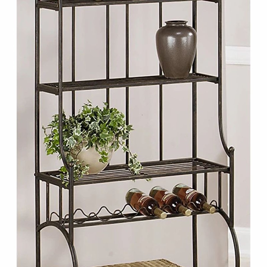 Shelving * | Decor Love Classic Baker Rack, Black Metal Frame With Golden Accents And 6 Bottles Rack