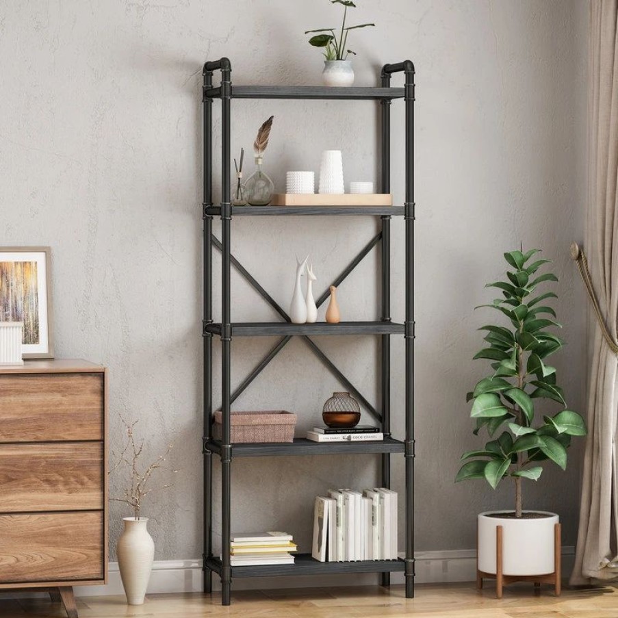 Shelving * | Gdfstudio Lina Industrial Iron Five Shelf Bookcase, Gray Finish, Pewter Finish