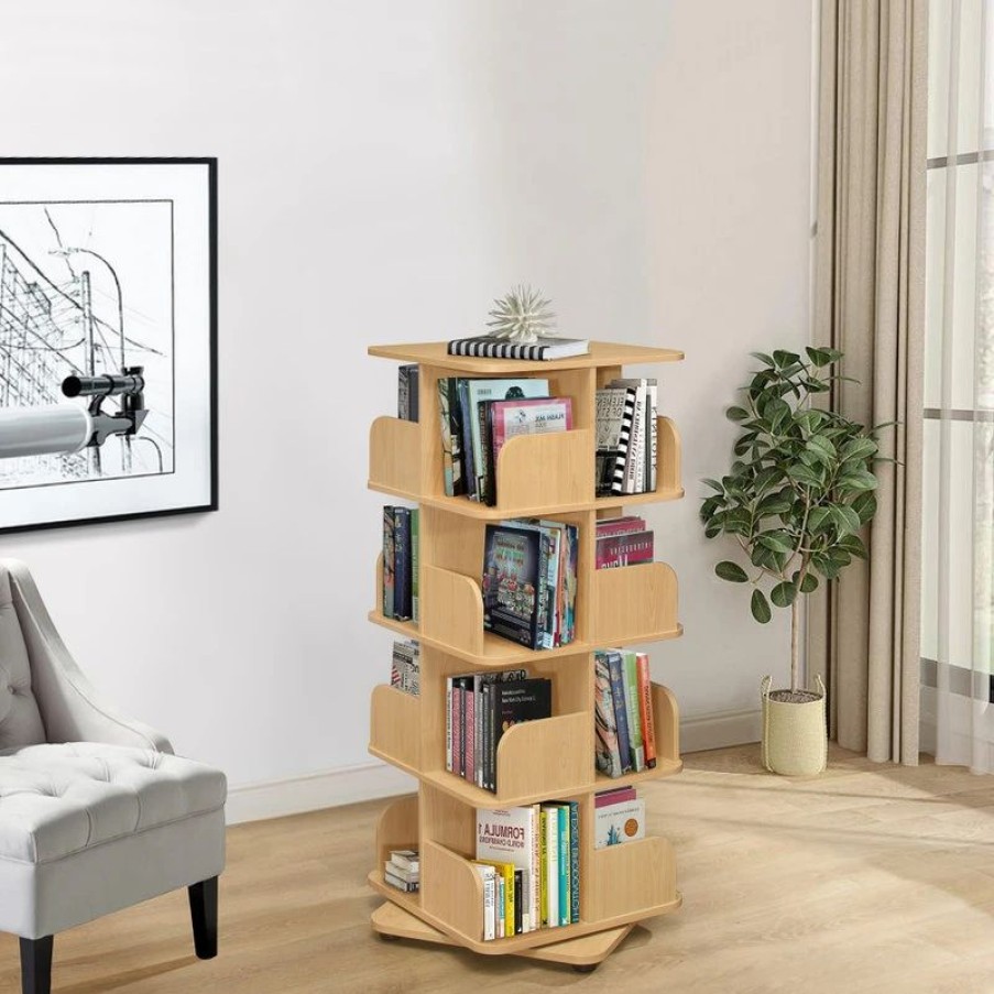 Shelving * | Pilaster Designs Oneonta Revolving Bookcase Tower Display Unit, Wood, Natural, 4 Tier